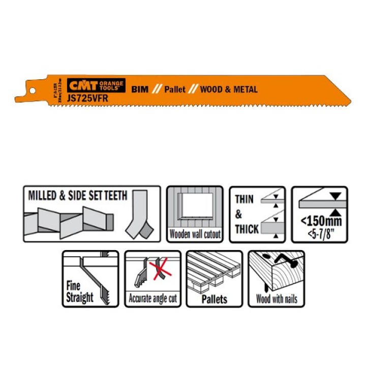Пилки сабельные 5 штук для дерева и металла BIM 200x2,1-3,2x8-12TPI CMT JS725VFR-5