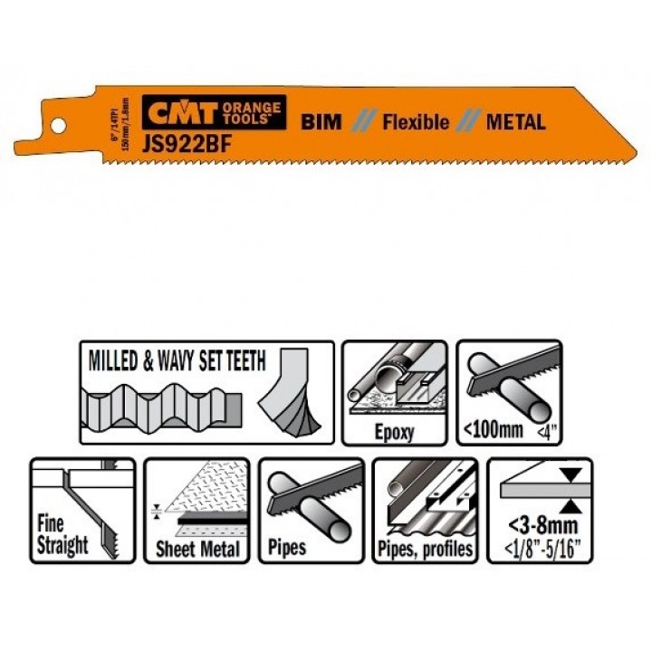 Пилки сабельные 5 штук для металла BIM 150x1,8x14TPI CMT JS922BF-5