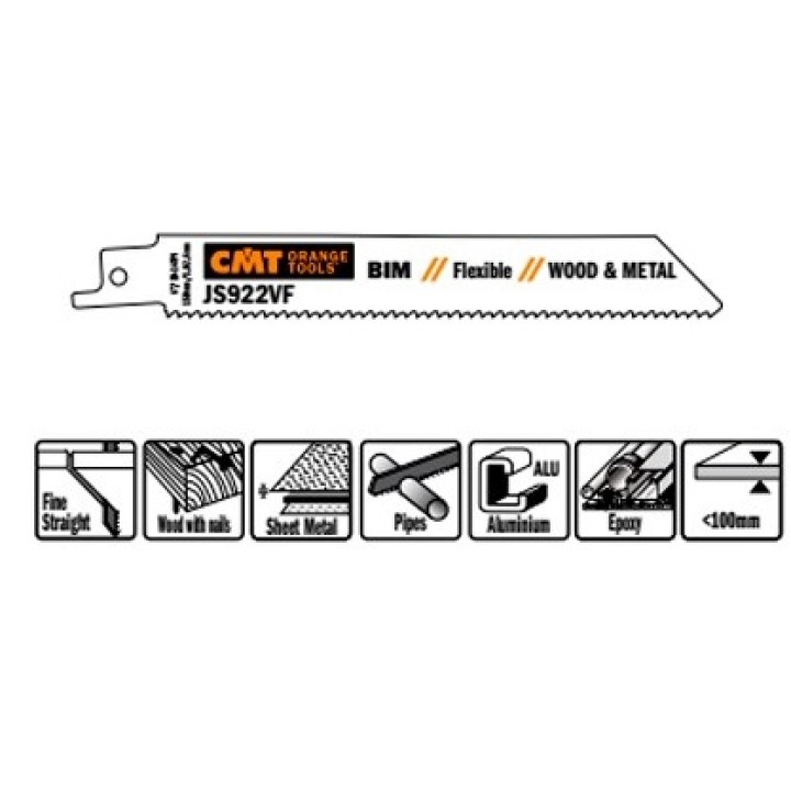 Пилки сабельные 5 штук для дерева и металла BIM 150x1,8-2,6x10-14TPI CMT JS922VF-5